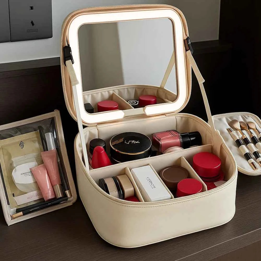Makeup Bag With LED Mirror Large Capacity Travel Portable With Toilet Storage Bag and Mirror Women's Makeup Bag Organizer