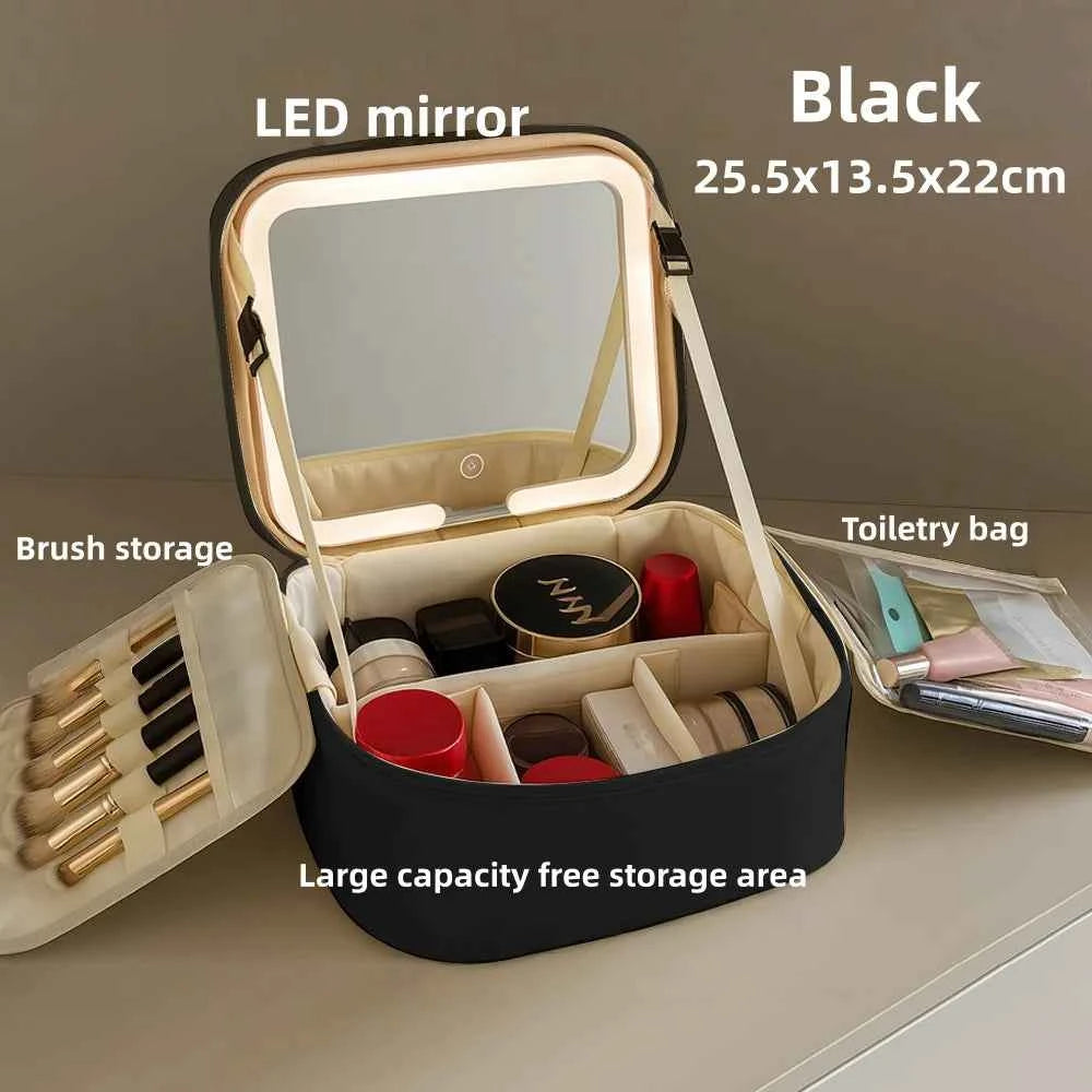Makeup Bag With LED Mirror Large Capacity Travel Portable With Toilet Storage Bag and Mirror Women's Makeup Bag Organizer