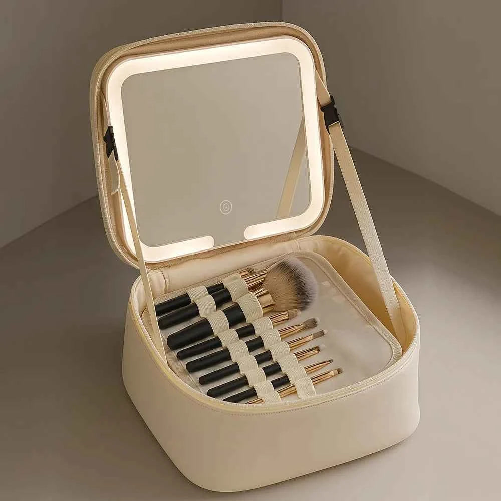 Makeup Bag With LED Mirror Large Capacity Travel Portable With Toilet Storage Bag and Mirror Women's Makeup Bag Organizer