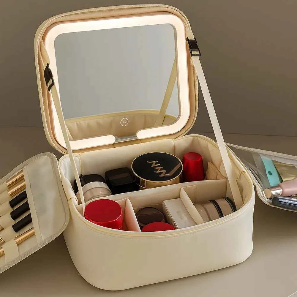 Makeup Bag With LED Mirror Large Capacity Travel Portable With Toilet Storage Bag and Mirror Women's Makeup Bag Organizer