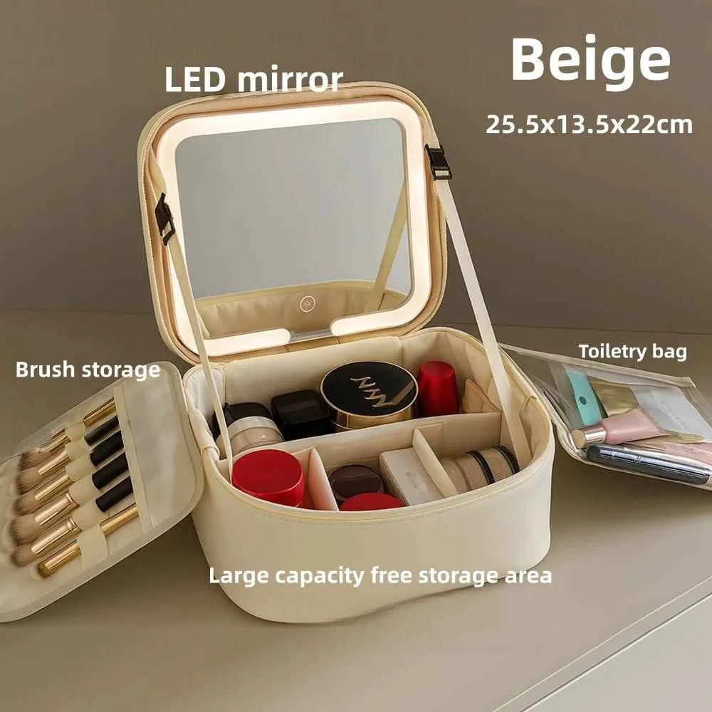 Makeup Bag With LED Mirror Large Capacity Travel Portable With Toilet Storage Bag and Mirror Women's Makeup Bag Organizer