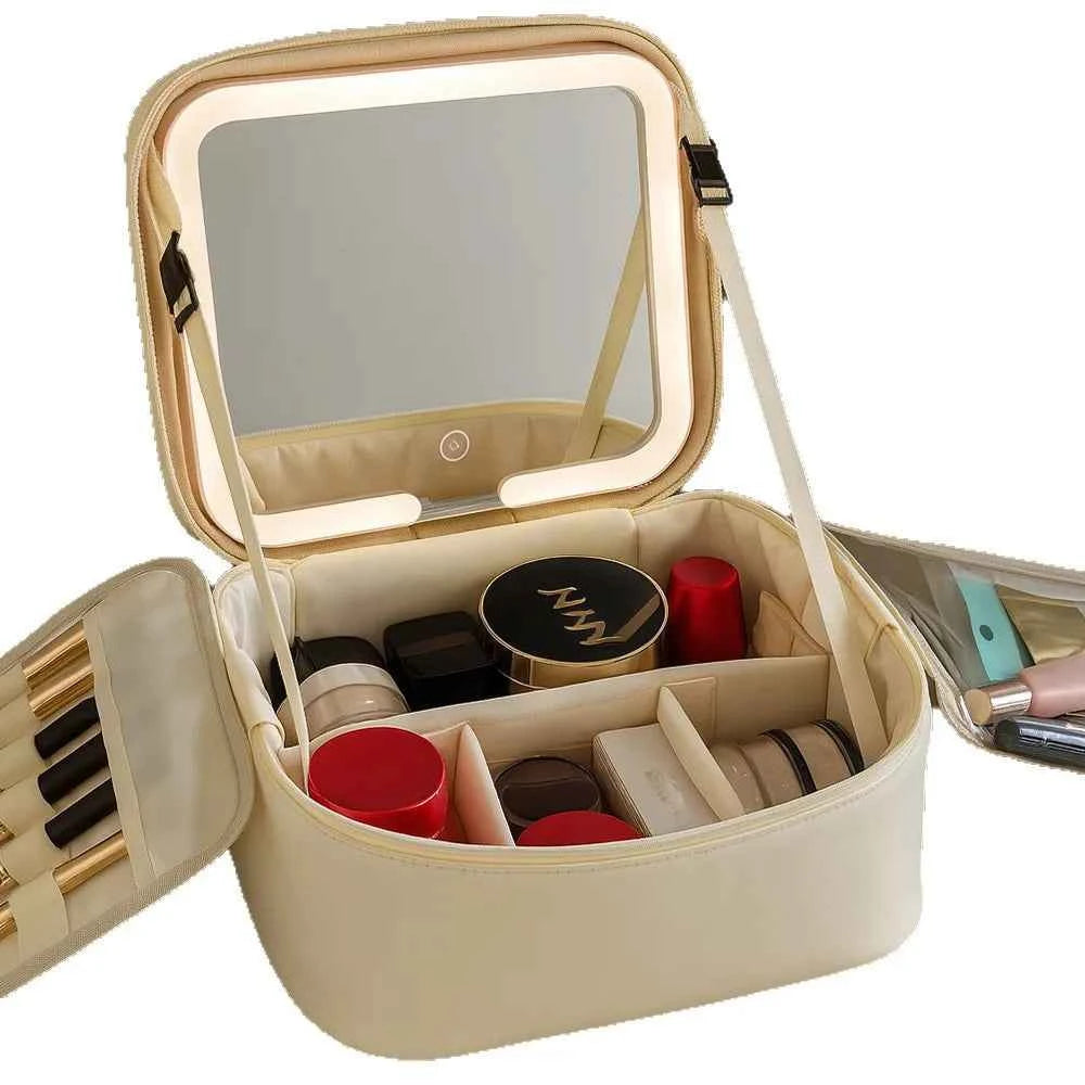 Makeup Bag With LED Mirror Large Capacity Travel Portable With Toilet Storage Bag and Mirror Women's Makeup Bag Organizer