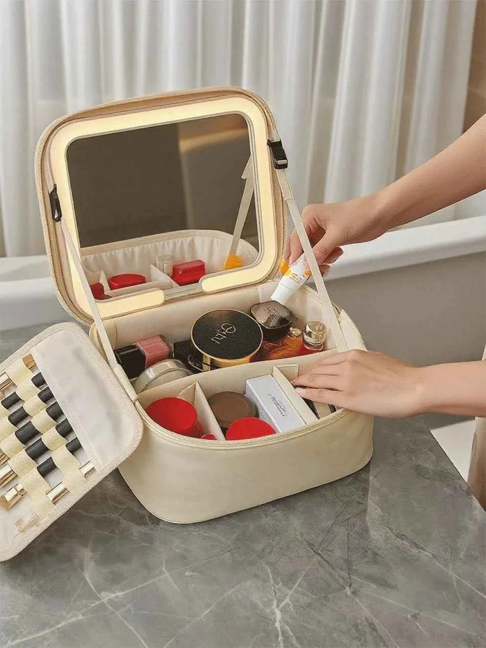 Makeup Bag With LED Mirror Large Capacity Travel Portable With Toilet Storage Bag and Mirror Women's Makeup Bag Organizer
