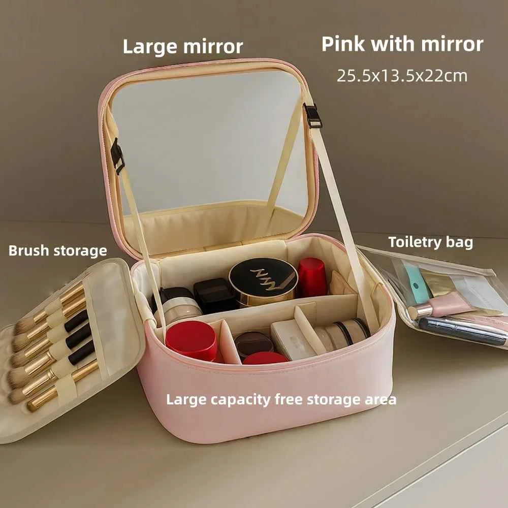 Makeup Bag With LED Mirror Large Capacity Travel Portable With Toilet Storage Bag and Mirror Women's Makeup Bag Organizer