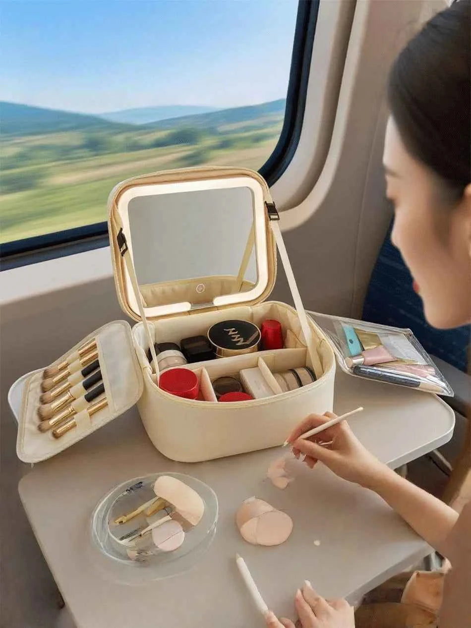 Makeup Bag With LED Mirror Large Capacity Travel Portable With Toilet Storage Bag and Mirror Women's Makeup Bag Organizer