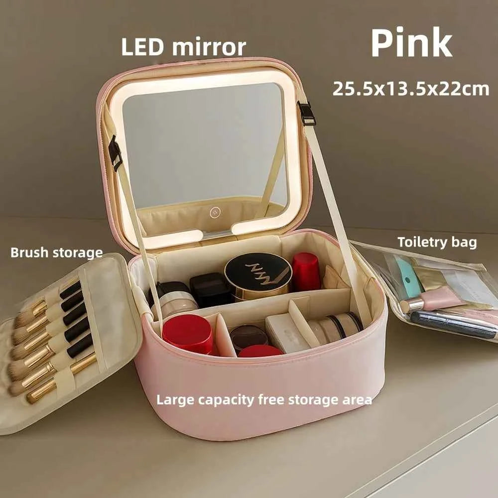 Makeup Bag With LED Mirror Large Capacity Travel Portable With Toilet Storage Bag and Mirror Women's Makeup Bag Organizer